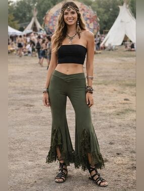 Olive Lace Trim Flare Y2K Boho Stretch Pants S